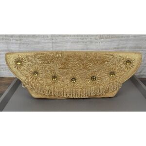 Vintage Gold Beaded Evening Clutch with beaded fringe - Made in Sour'e